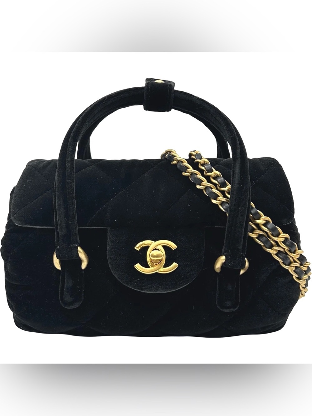 CHANEL Black Quilted Velvet Top Handle Shoulder Bag with Gold Hardware